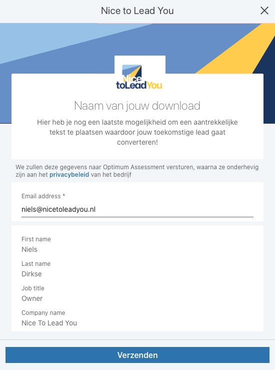 Voorbeeld van het formulier van een LinkedIn Lead Gen Form